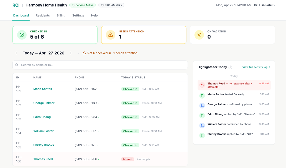 Home health dashboard showing patient check-in status between visits