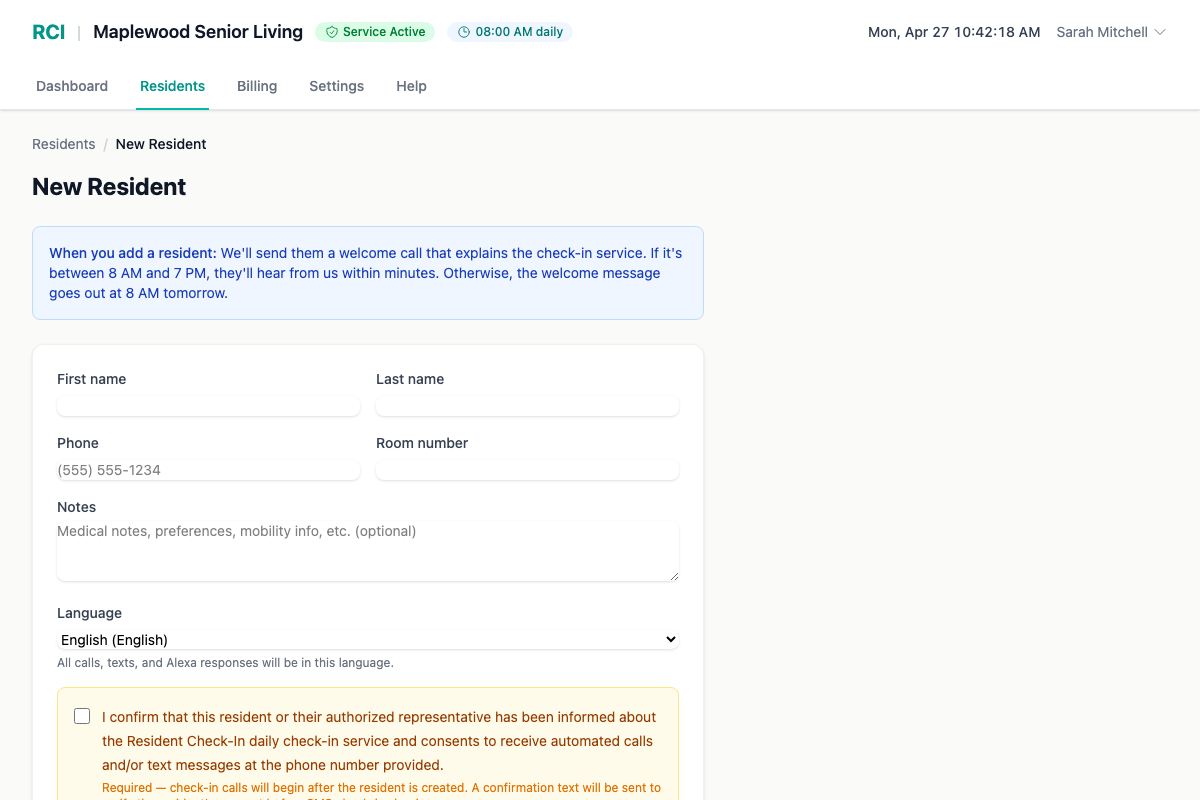 The Add a New Resident form on the facility admin dashboard, with fields for name, phone, room number, language, and notes