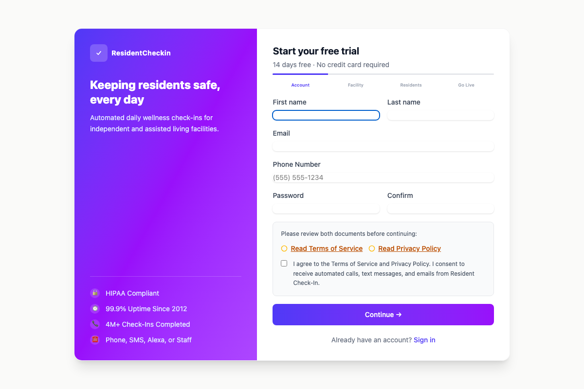 ResidentCheckin signup form — start a free trial in about 5 minutes